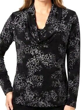 Chico's Travelers Black Metallic Cowl Neck Top size 1